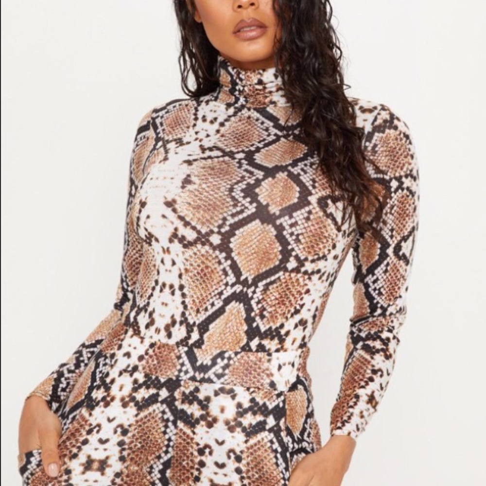Tan Snake Print Doll Neck Long Sleeve Bodysuit PLT